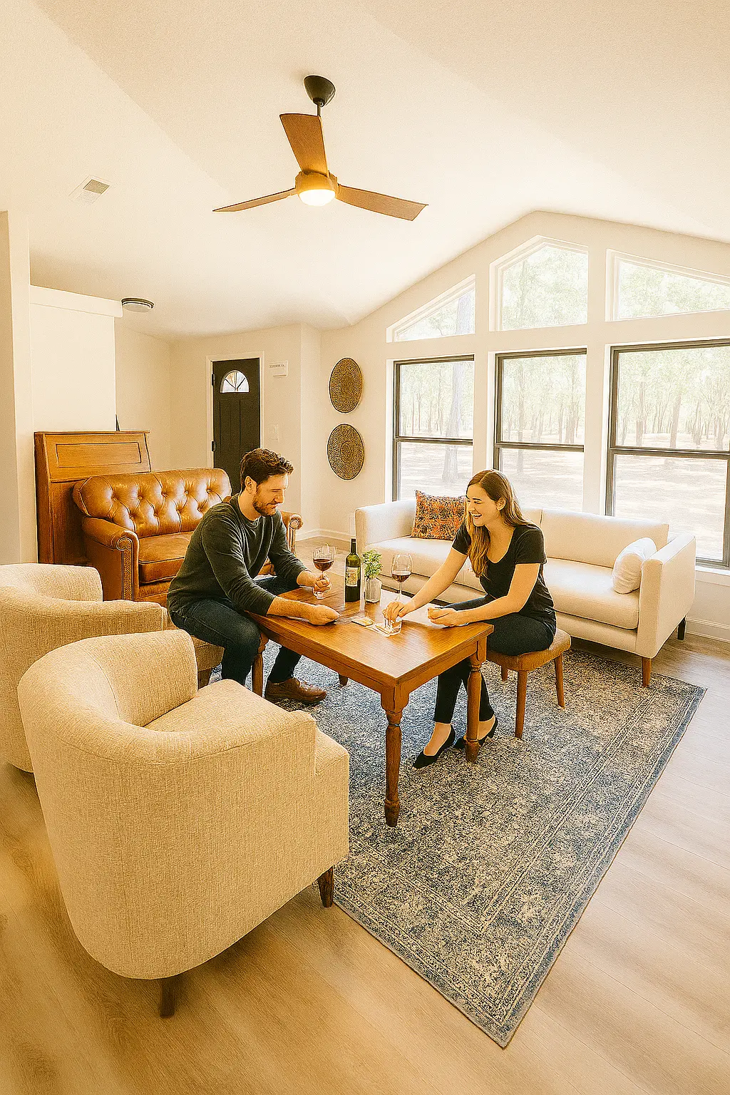 Guests playing board games in the living room of the Pine Tree Palace cabin in Bastrop, Texas