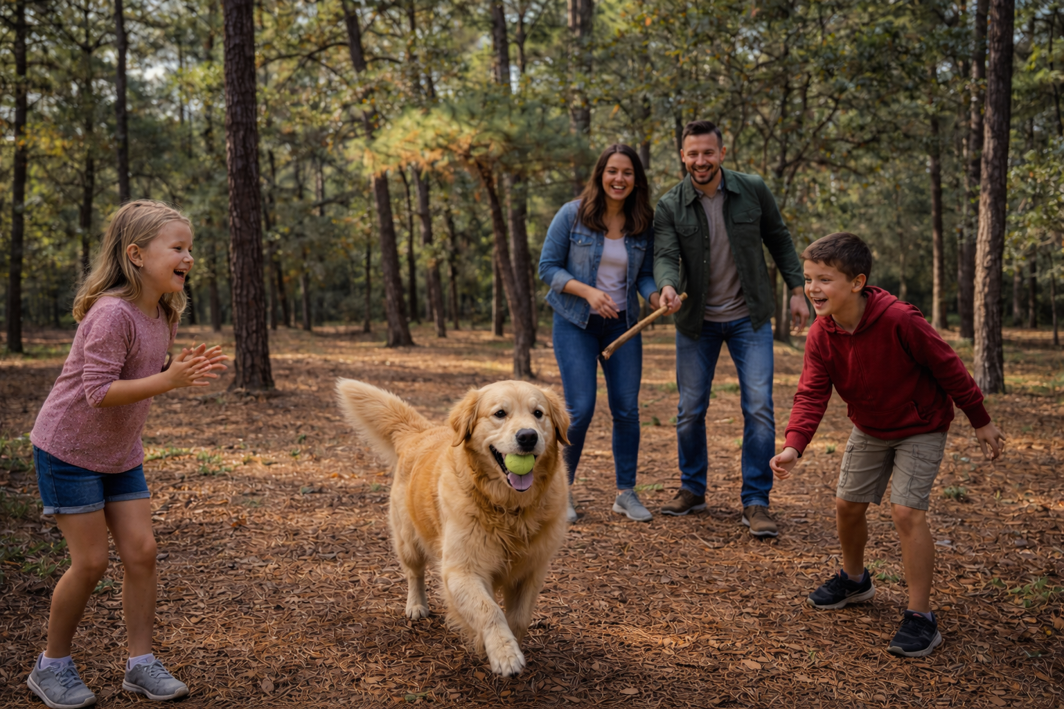 Family playing with their dog among the pines on the pet-friendly Pine Tree Palace property