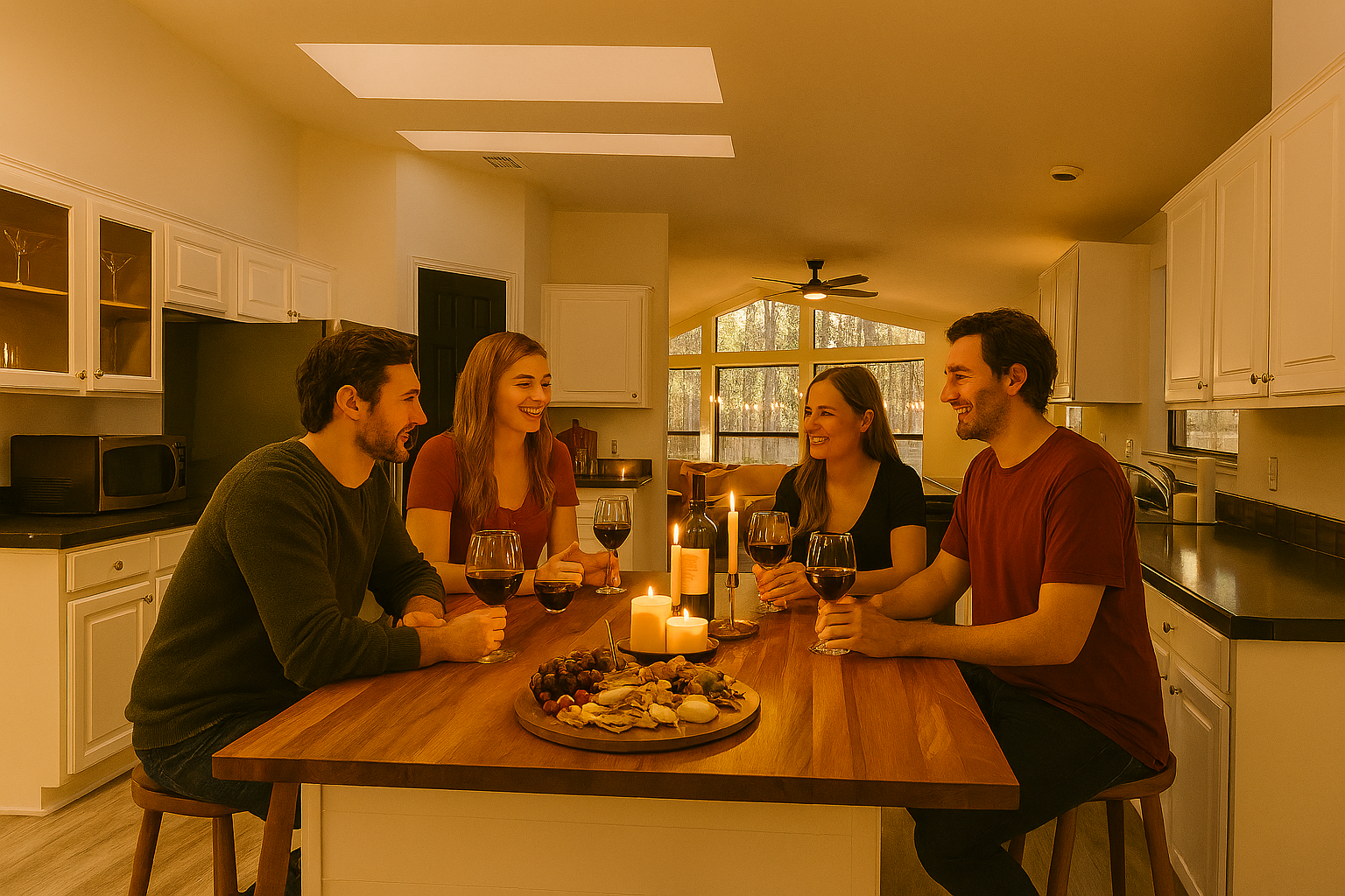 Friends gathered around the kitchen island by candlelight in the full kitchen at Pine Tree Palace