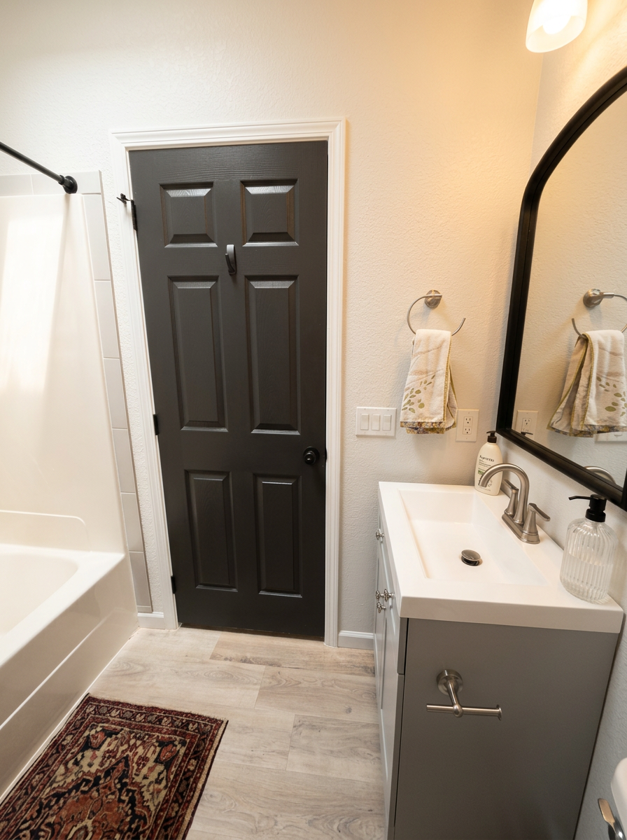 Tub and shower combo bathroom at Pine Tree Palace cabin in Bastrop, Texas