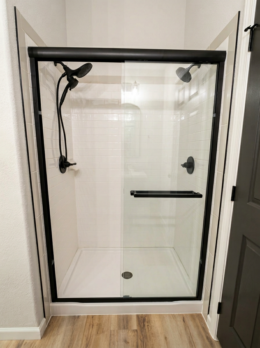 Walk-in glass shower in the second full bathroom at Pine Tree Palace vacation rental
