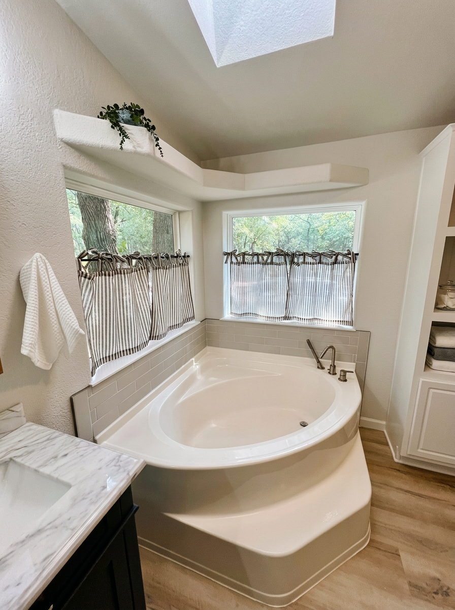 Sunken soaking bathtub lit by a skylight in the Pine Tree Palace Bastrop cabin bathroom