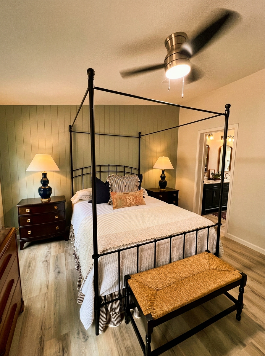 Master bedroom with queen canopy bed at Pine Tree Palace cabin rental near Austin, Texas