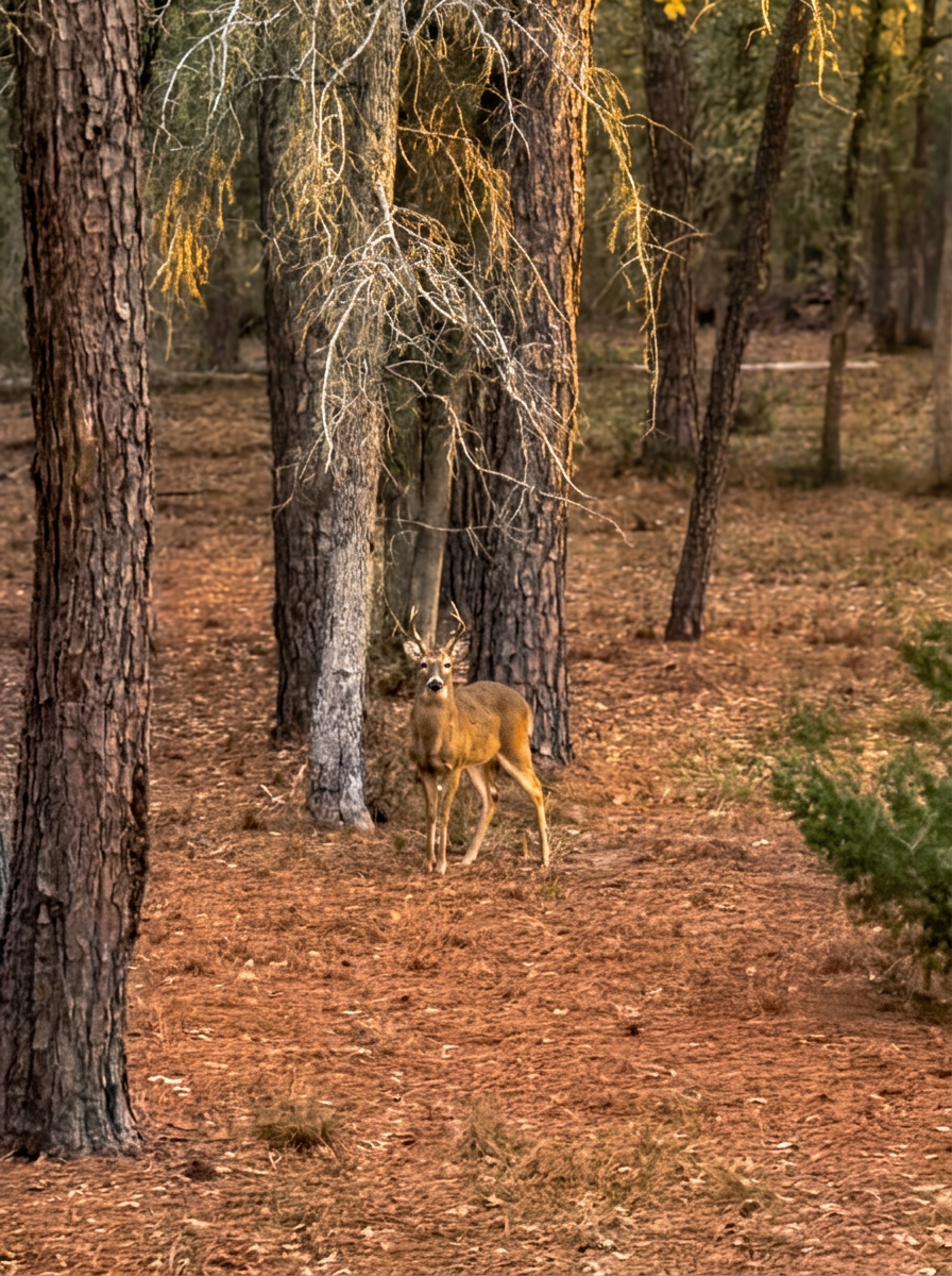 Wild deer wandering through the pine grove on the Pine Tree Palace property in Bastrop TX