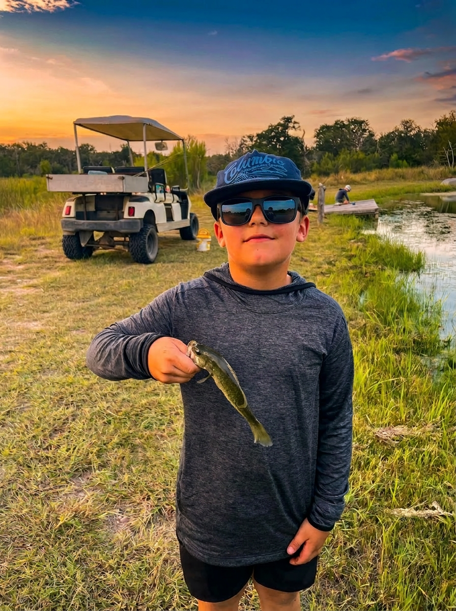 Young boy in sunglasses fishing at the pond near Pine Tree Palace in Bastrop, Texas