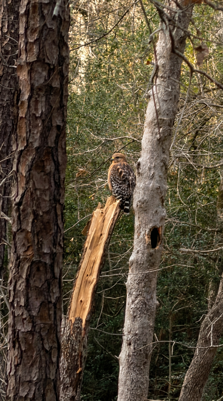 Hawk perched high in the Lost Pines above Pine Tree Palace cabin rental