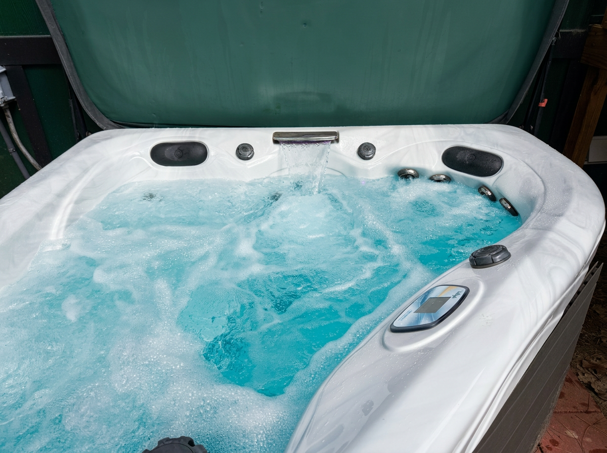 Private outdoor hot tub under the pine trees at Pine Tree Palace Bastrop TX cabin