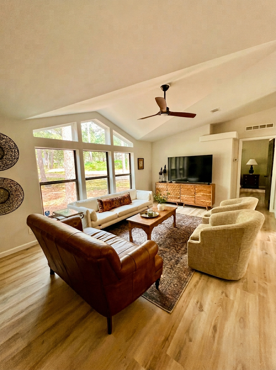 Spacious living room at Pine Tree Palace vacation rental with large windows framing pine tree views