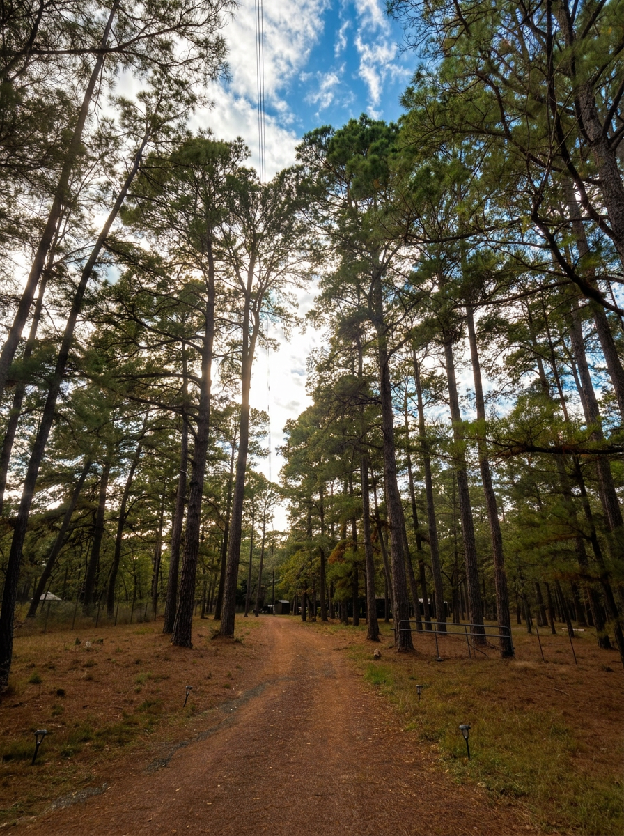 Pine tree-lined gravel driveway leading to the Pine Tree Palace cabin in Bastrop, Texas